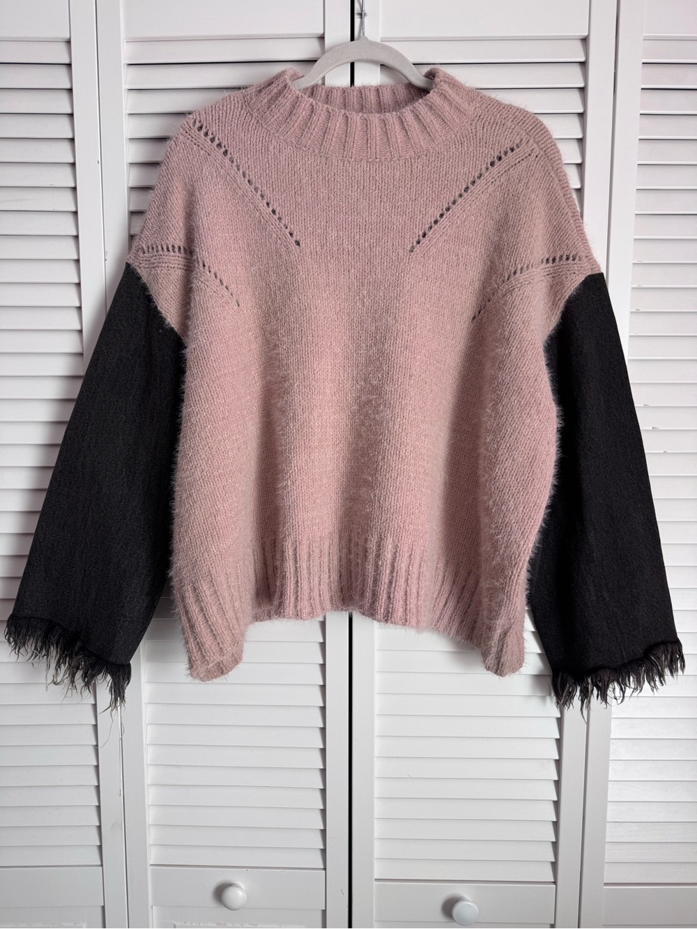 POL Contrast Denim Sleeve Oversized Knit Sweater Mix-media Large Slouchy Cozy